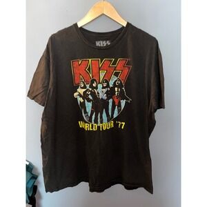KISS World Tour '77 Black Graphic T Shirt Rock Band Music Tee‎ 2XL